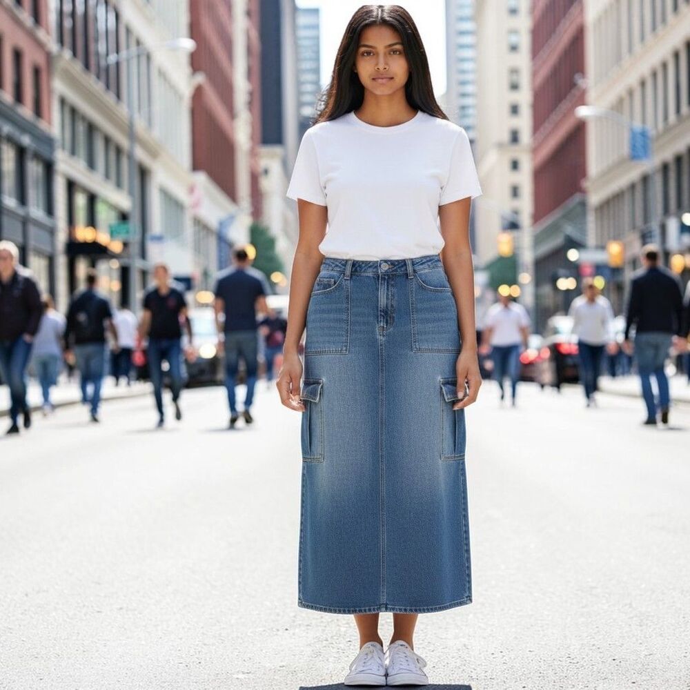 Cello XL Denim Cargo Skirt Midi Blue Utility Pockets High Rise Streetwear Slit